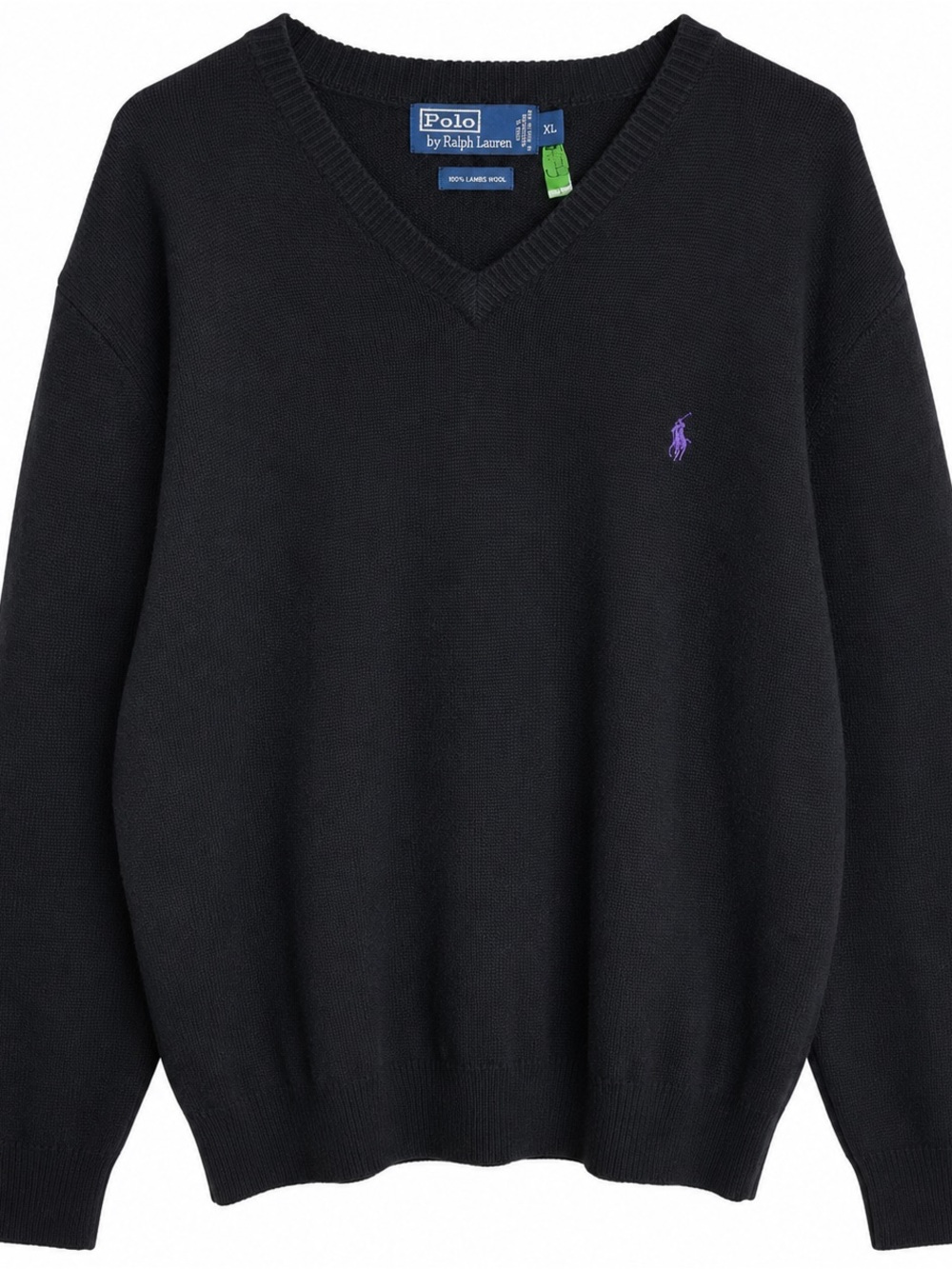 Polo Ralph Lauren 100% Lambswool V Neck Sweater XL Black Purple Pony Preppy